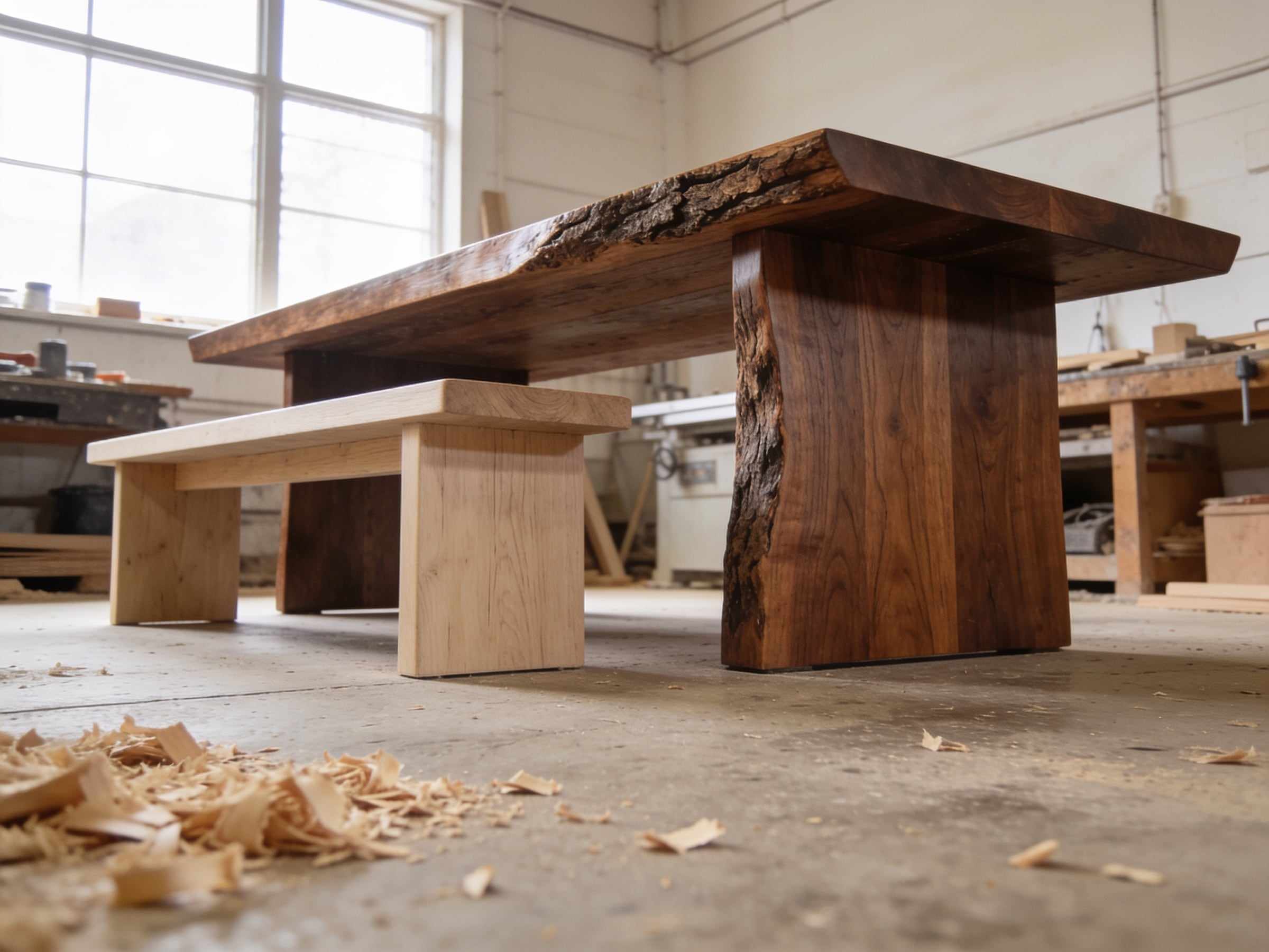 A thick live-edge table top on its trestle base in the workshop before oiling, a pale bench beside it and shavings on the concrete floor