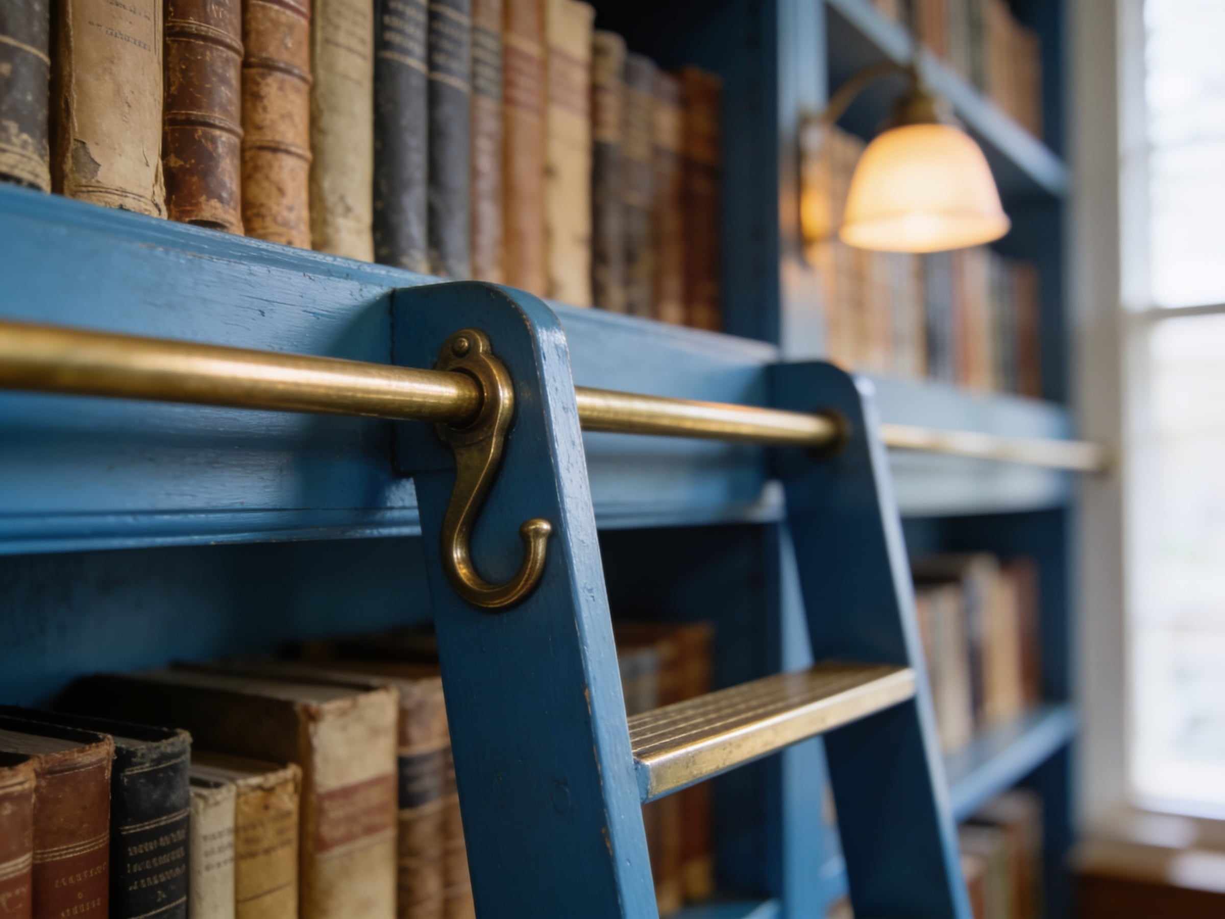 Close-up of a blue painted library ladder hooked over a brass rail, old leather-bound books blurred on the shelves behind