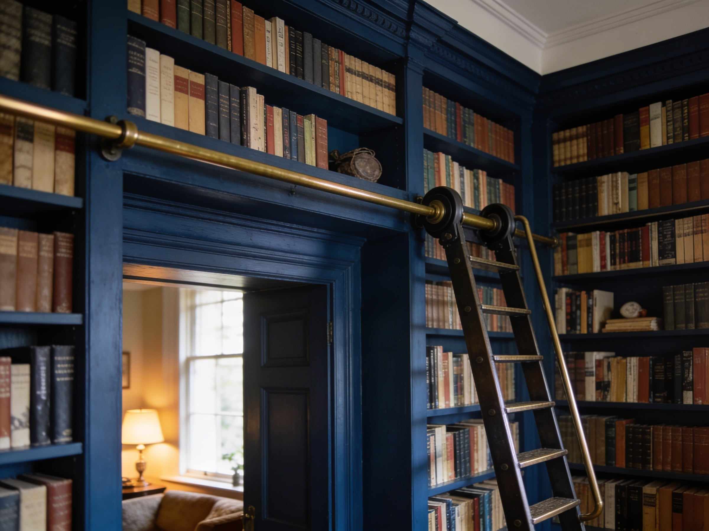 Floor-to-ceiling deep blue bookshelves full of old books built around a doorway in a sitting room, with a rolling library ladder on a brass rail