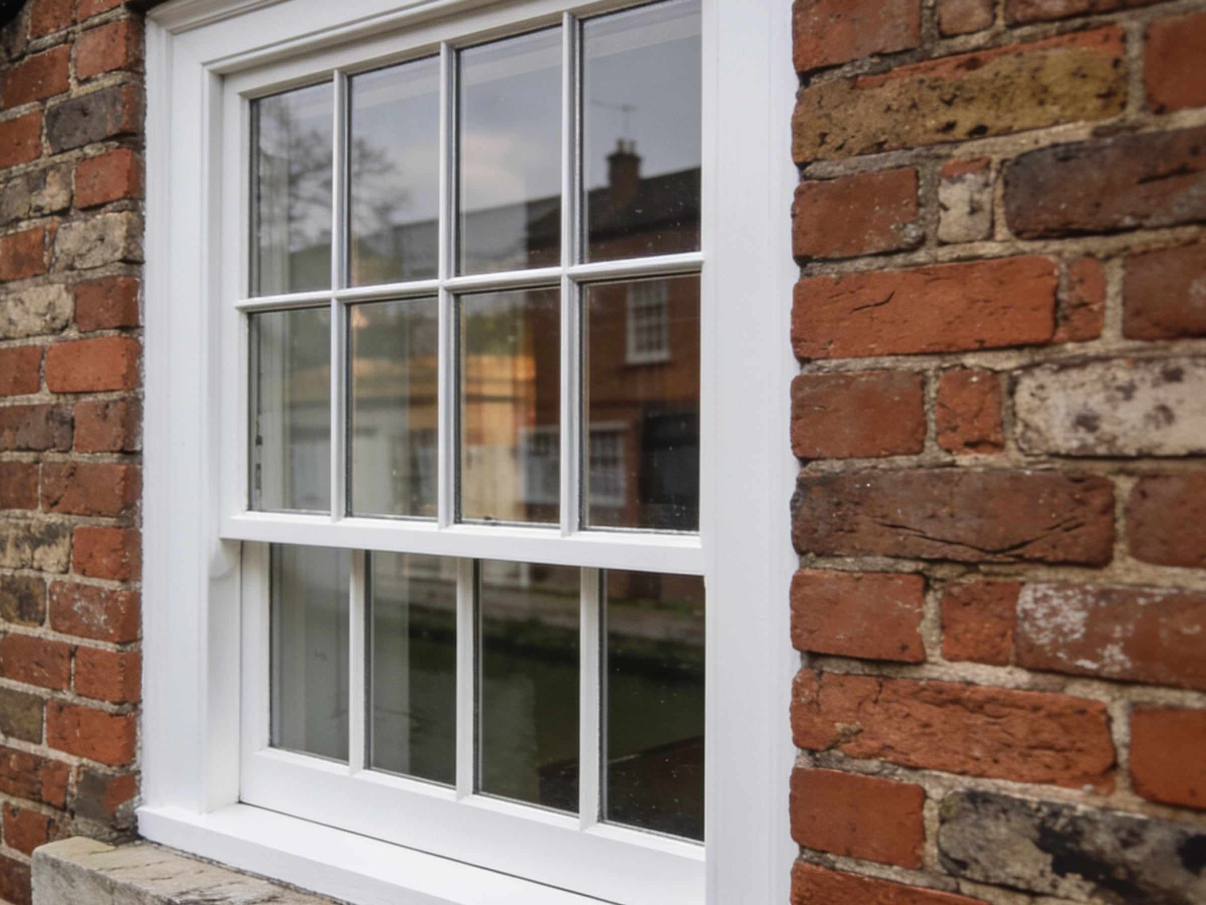 A restored white six-over-six sash window in an old red brick wall, the canal and the houses opposite reflected in its panes, a stone sill below