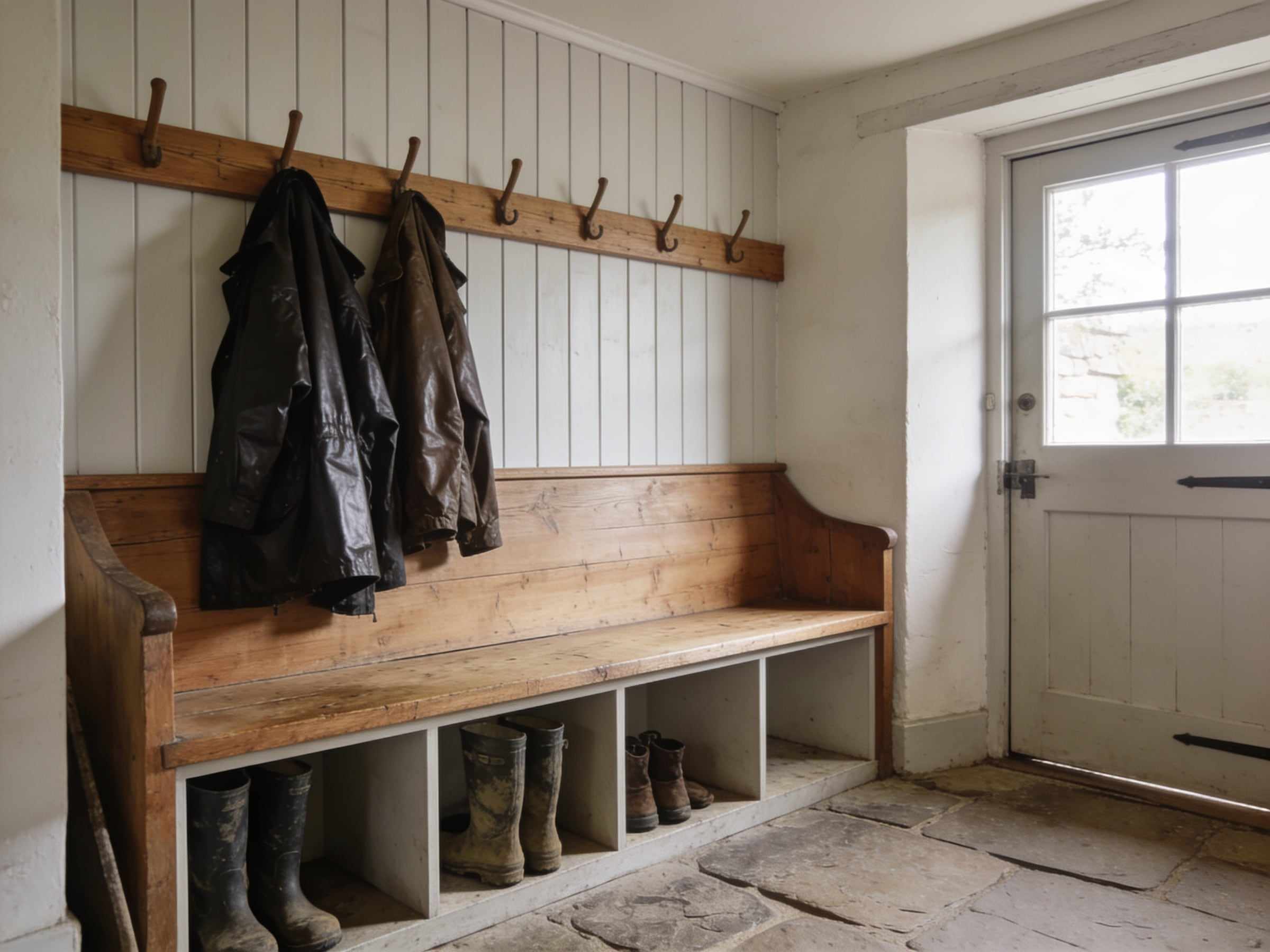 A farmhouse boot room with an oak bench over open cubbies holding muddy wellington boots, a row of pegs with waxed jackets above and a half-glazed back door