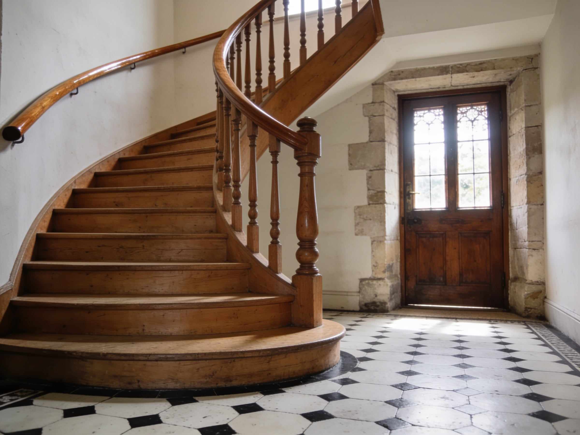 A curving oak staircase in a stone-walled hallway with turned spindles, a polished handrail and a wide rounded bottom step on a black and white tiled floor