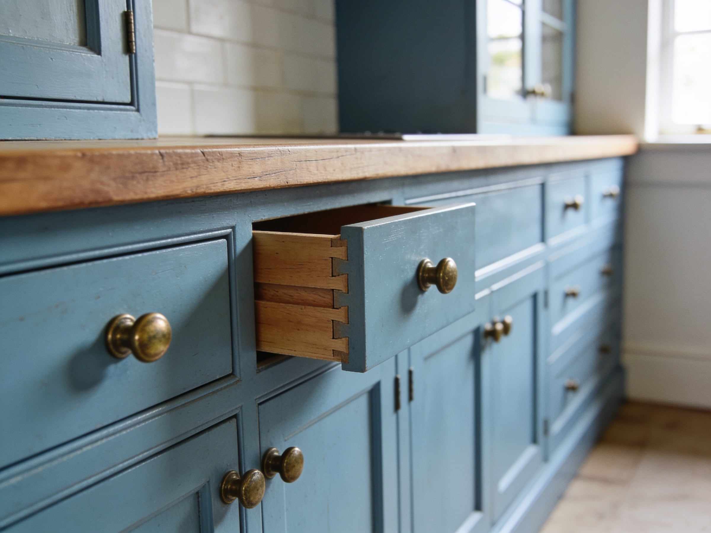 A run of chalky blue painted kitchen drawers with brass knobs under a solid oak worktop, one drawer pulled open to show its dovetailed oak sides
