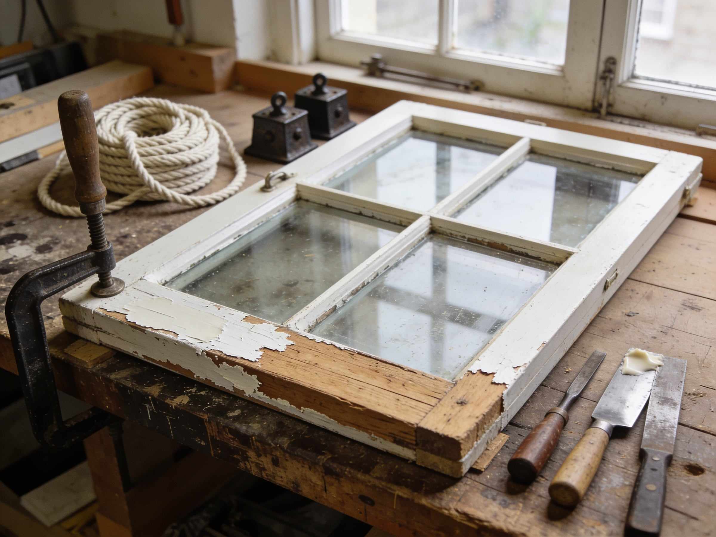 An old white painted sash being restored on a workbench, paint stripped to bare wood along one edge, with chisels, a putty knife and coiled sash cord beside it