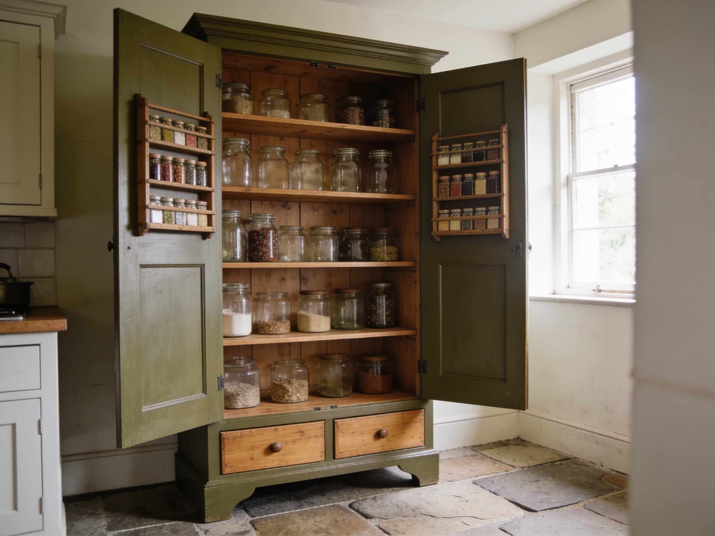 A tall olive green larder cupboard in a cottage kitchen with both doors open, oak shelves full of glass jars inside and small spice racks on the backs of the doors