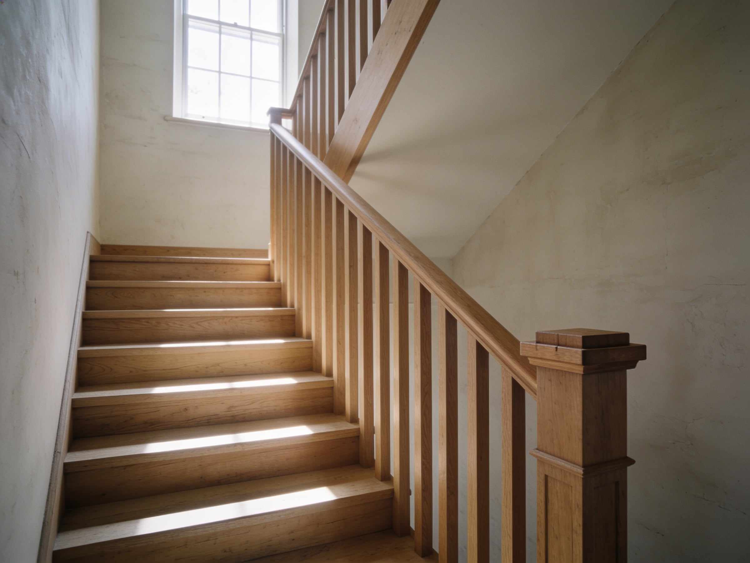 A new straight oak staircase with square spindles and a chunky newel post, rising towards a sash window on a pale plastered stairwell