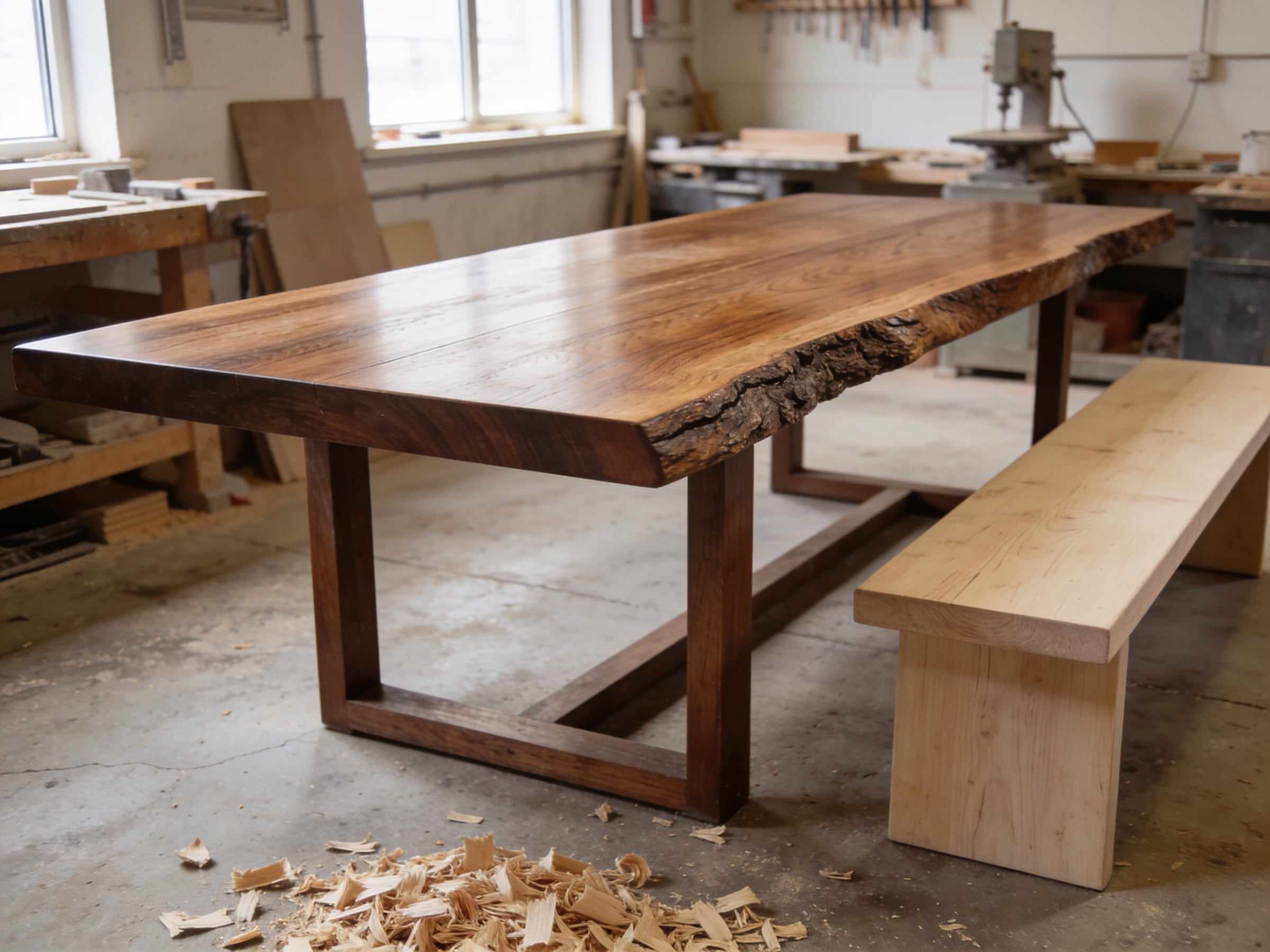 A long walnut dining table with a natural live edge and a pale oak bench beside it in a bright workshop, curls of wood shavings on the concrete floor