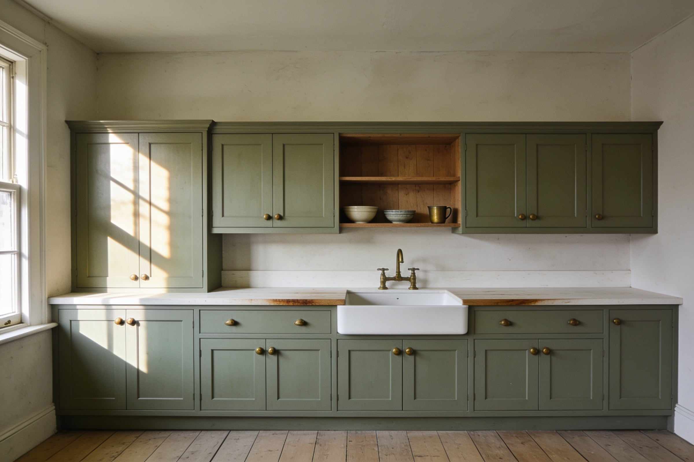 A newly fitted kitchen of sage-green painted shaker cabinets with aged brass handles, a white ceramic sink with a brass tap and a plain plaster wall, morning light falling across the doors from a sash window