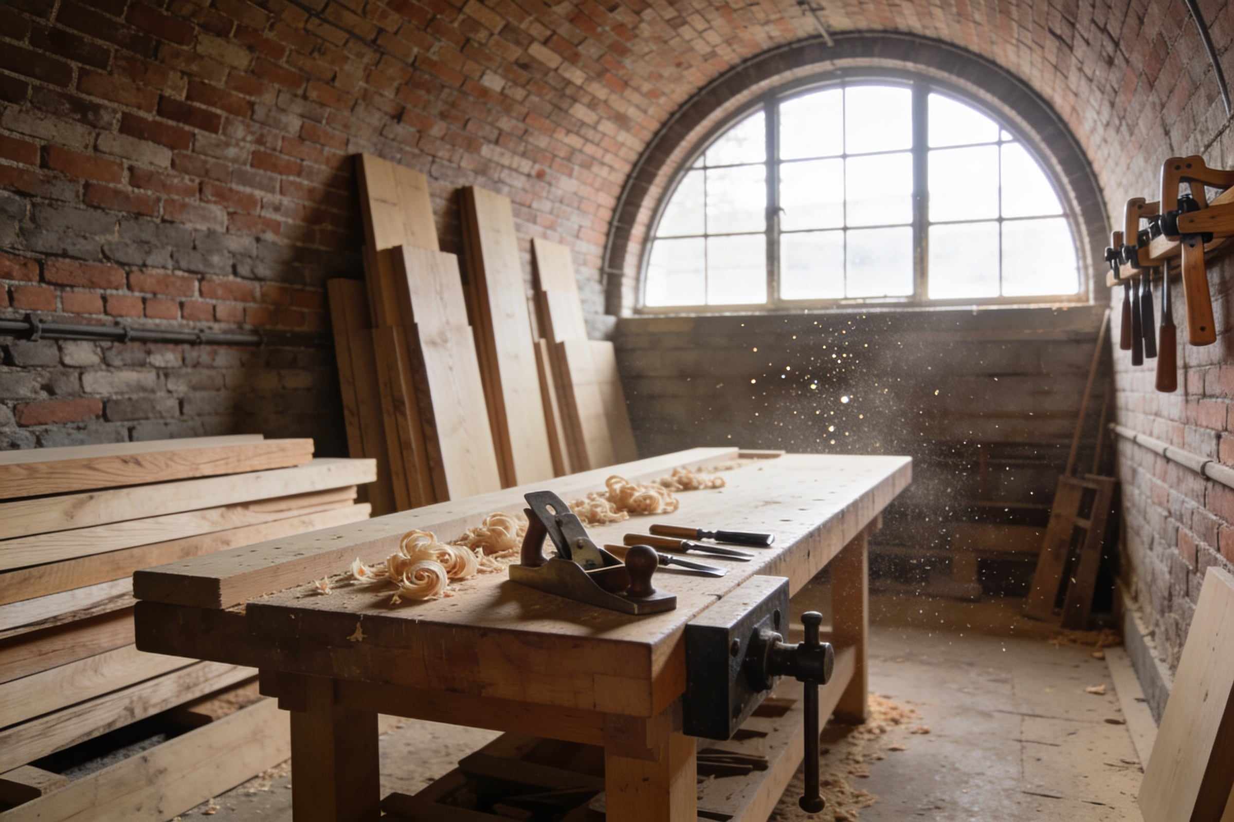 Inside the workshop under a brick railway arch: a long beech workbench with a vice, hand planes and curls of shavings, oak boards stacked against the wall and dust in the light from a tall arched window